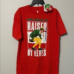 ELF Red Graphic Tee - Raised by Elves. NWT. Large. Holiday.